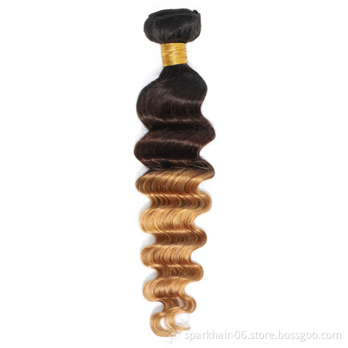 3 Bundles SPARK Ombre Brazilian Human Hair Weaving for Black Women 1B/4/27 Virgin Remy Hair Extension Honey Blonde Deep Wave